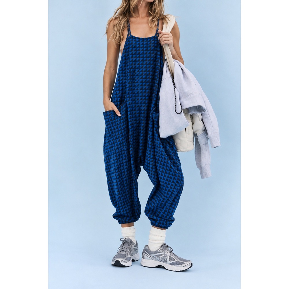 FP Movement Free People Hot Shot Harem Jumpsuit Blue Geometric Triangle Large
